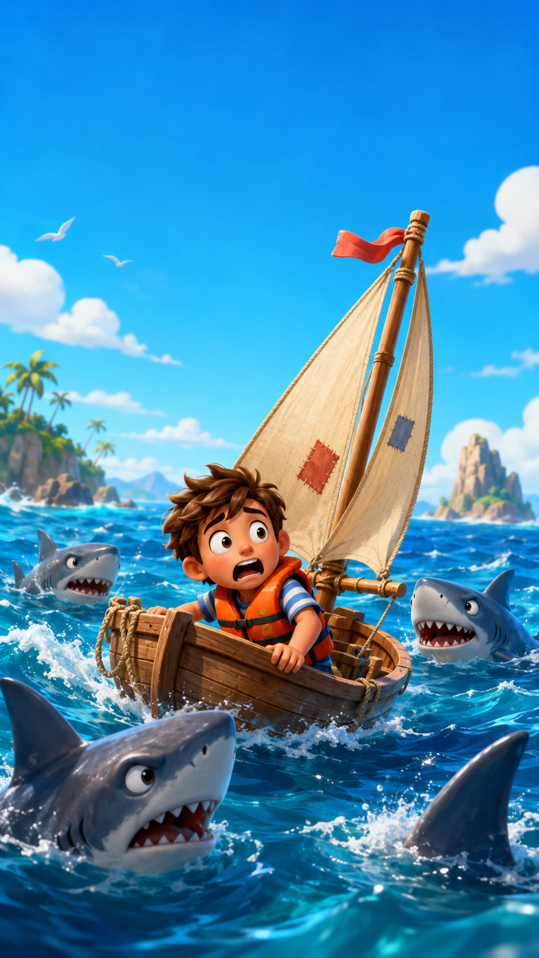 A young sailor escaping playful sharks in a wooden sailboat